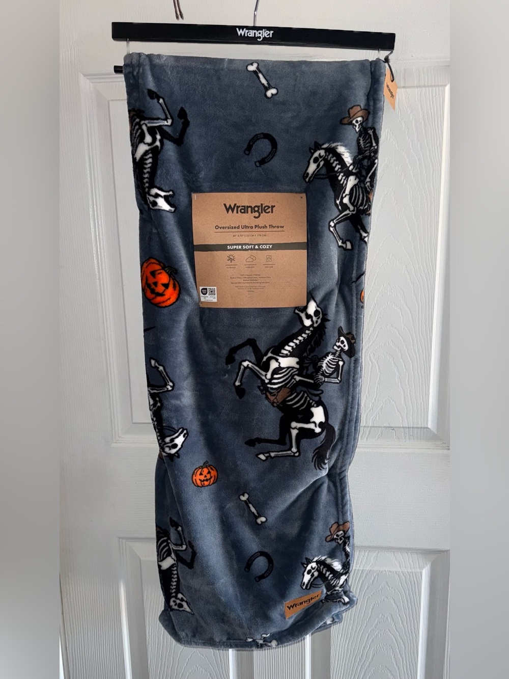 NEW Wrangler Skeleton Cowboy & Horse Halloween Blanket